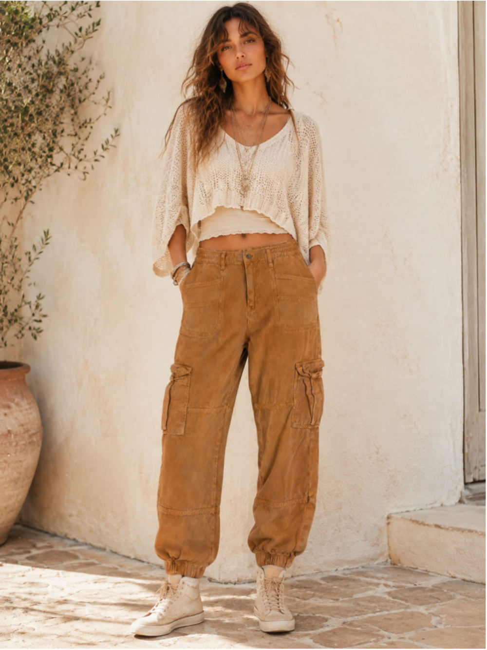 Women’s Brown Cotton Cargo Jogger Pants Size M Utility Boho Elastic Cuff